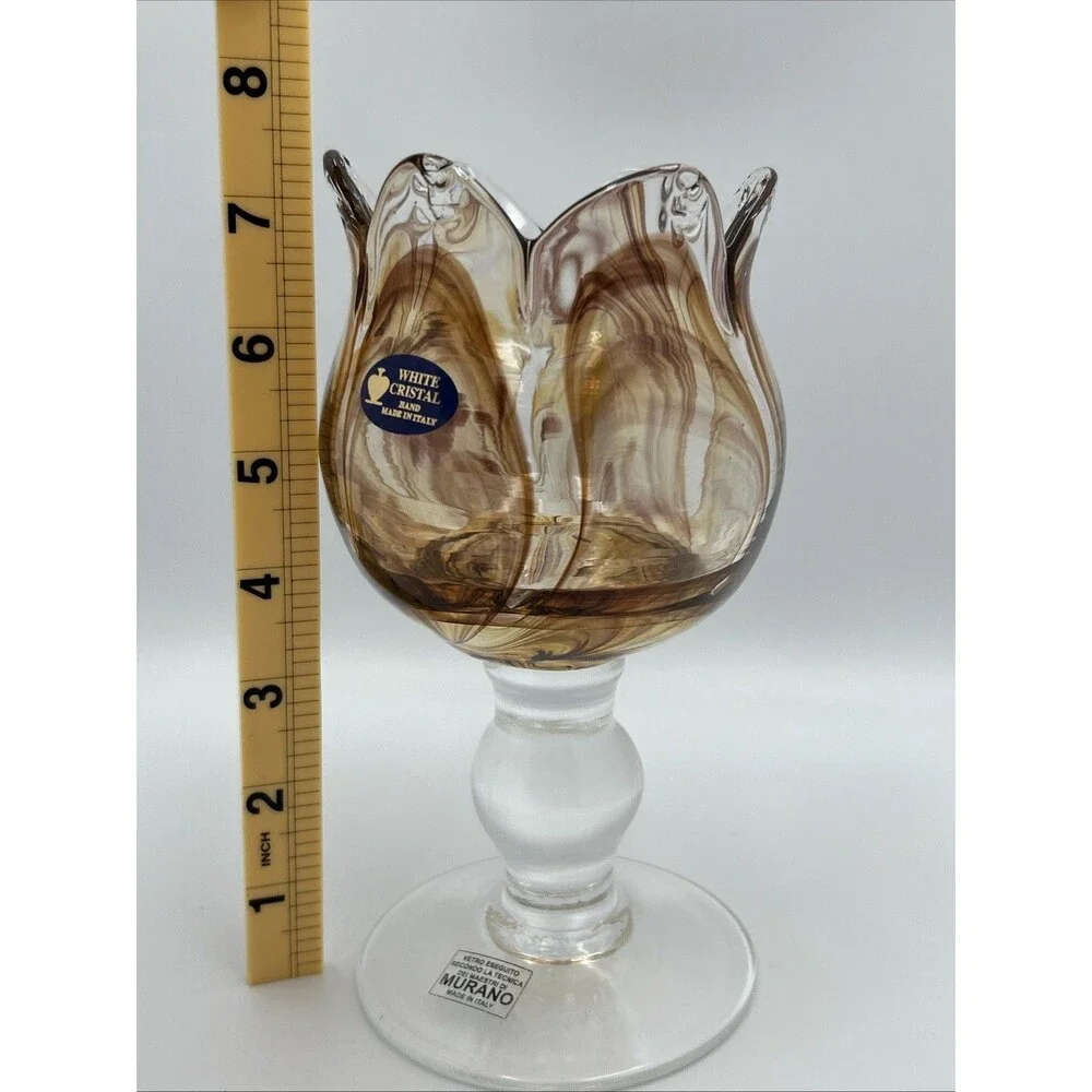 MURANO Italy Hand Blown White Cristal Light Amber Art Glass Petal Vase Bowl
